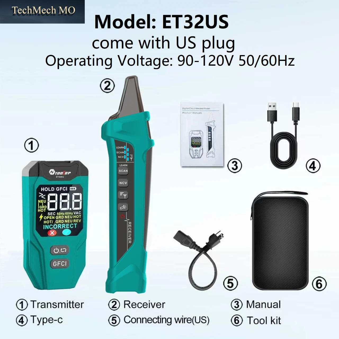 TOOLTOP ET32 Digitaler Stromkreisfinder Neutral-/Stromführende Leitungserkennung Gfci-Steckdosentester Us/Eu/Uk-Steckdose Spannungsmessung
