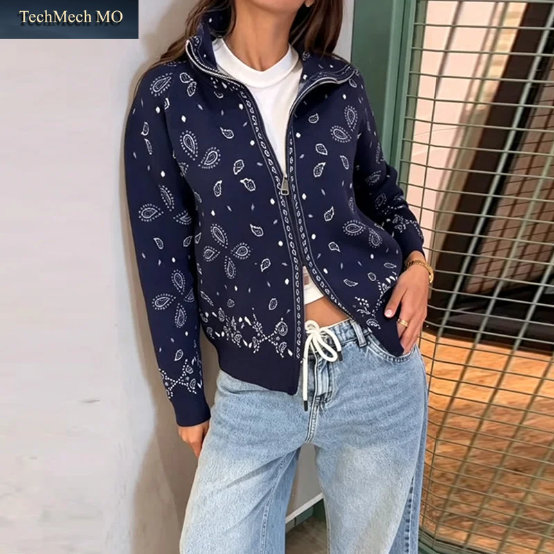 Vintage Strick-Jacquard Damen-Cardigans, Lockerer Stehkragen, Doppelreißverschlüsse, Langarm-Pullover, 2026 Herbst, Schicke Damen-Strickwaren