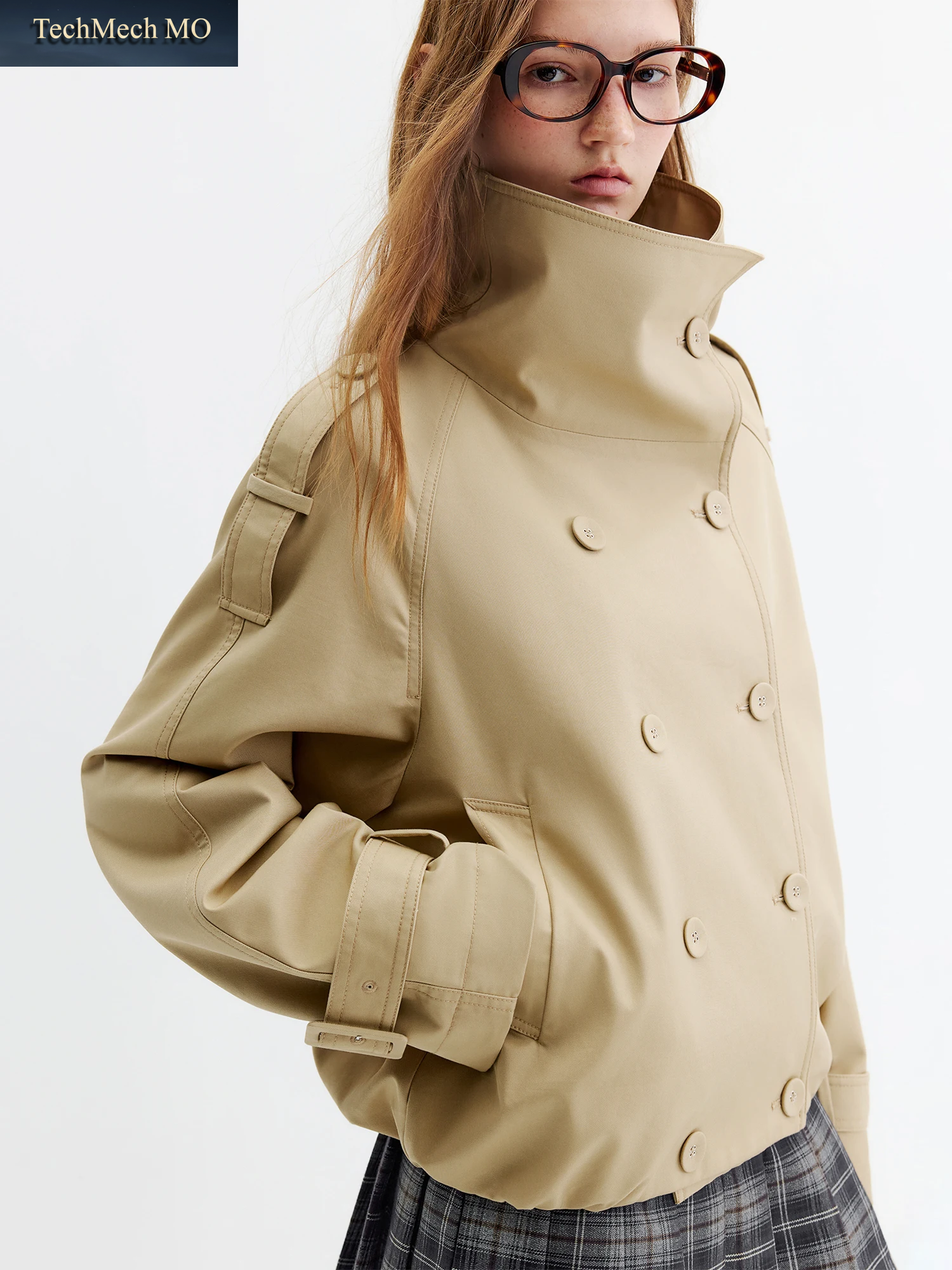 FSLE 2026 Herbst Doppelreihiger Kurzer Trenchcoat Retro Khaki Jacke Britischer Heritage Street Style Vintage-Stil Beige