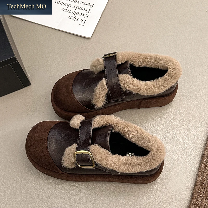 Damen-Winterschuhe Mit Plateausohle, Warm, Aus Baumwolle, Mit Schnallenriemen, Kunstfell, Runder Zehenpartie, Weichem Wildleder, Dicker Sohle, Lässig, Mit Fleece Gefüttert, Flache Schuhe.
