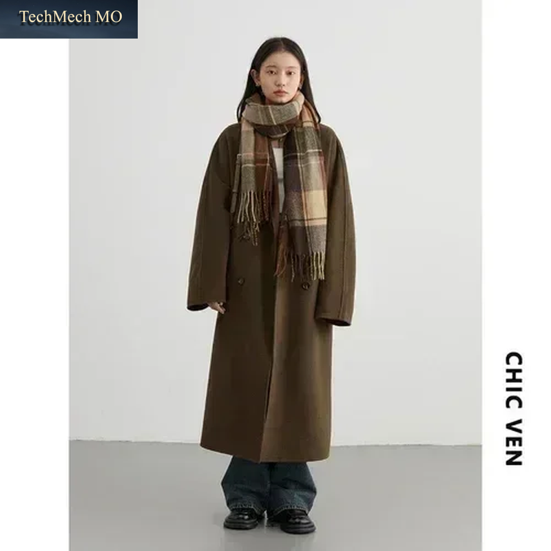 CHIC VEN Damen Langer Doppelseitiger Wollmantel Retro Loser Damen-Überzieher Zweireihiger Damen-Windbreaker Herbst Winter 2026