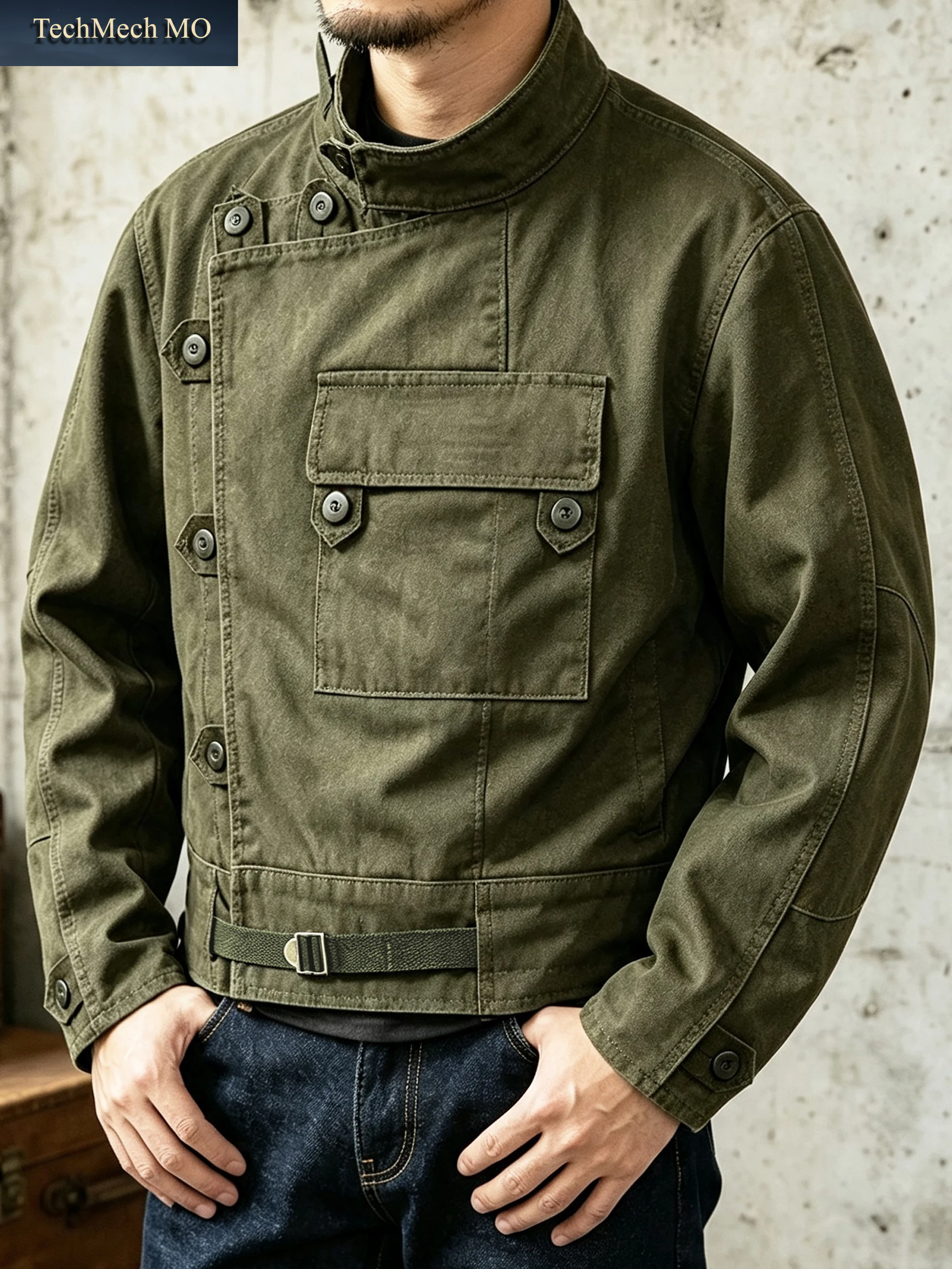 Schwedische Motorradjacke, Herren Retro Militärgrüne Freizeitjacke, 100% Baumwoll-Canvas Arbeitskleidung Im Asymmetrischen Safari-Stil