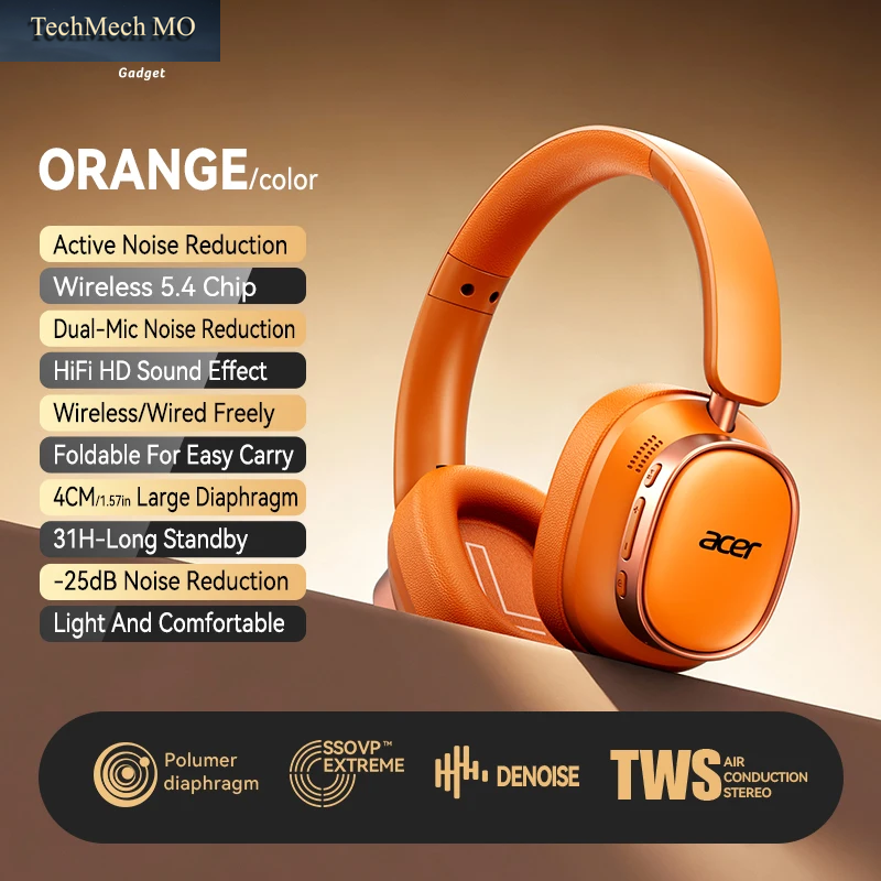 Acer Ohr633 2026 Neues Modell Kabelloses Bluetooth-Headset Hifi-Stereo-Klangqualität Anc-Geräuschunterdrückung Für Anrufe Faltbares Und Verstellbares Design Eingebautes High-Definition-Mikrofon Gaming-Headset