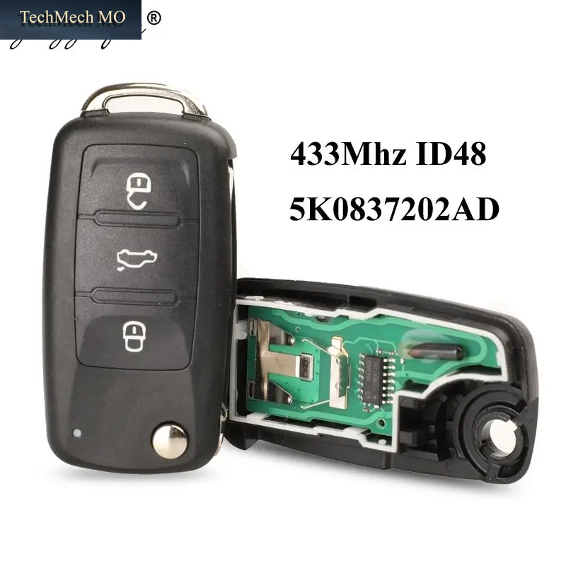 Jingyuqin 3BT Fernbedienung Klappschlüssel 434 Mhz ID48 Chip Für VW Volkswagen GOLF PASSAT Tiguan Polo Jetta Beetle Skoda Seat Auto 5K 0837202 AD