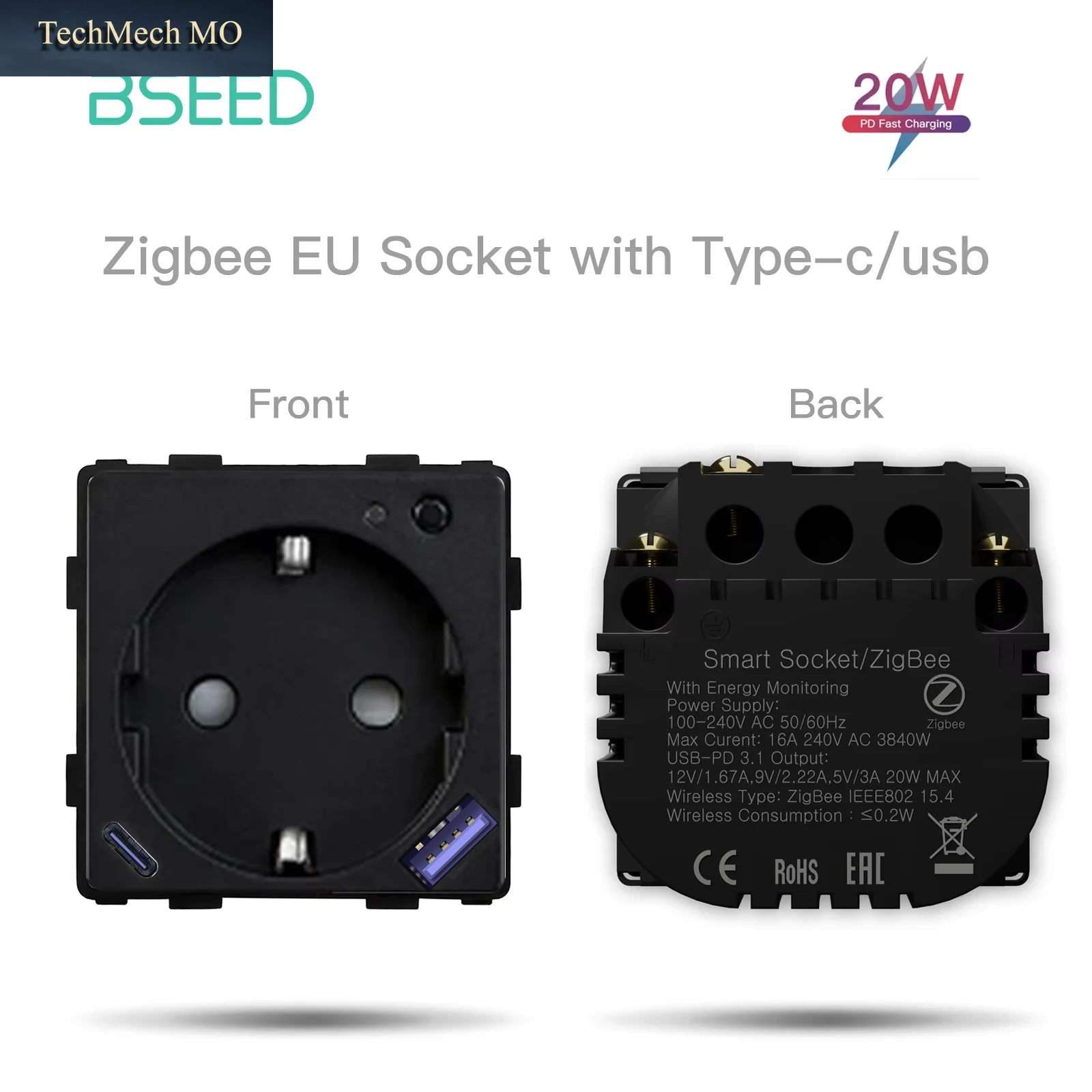 BSEED Zigbee Smart Steckdose Teil Power Monitor Steckdose Mit USB Typ-C DIY Teile 20W Schnelle Ladung Tuya Smart Leben Alexa App Steuerung