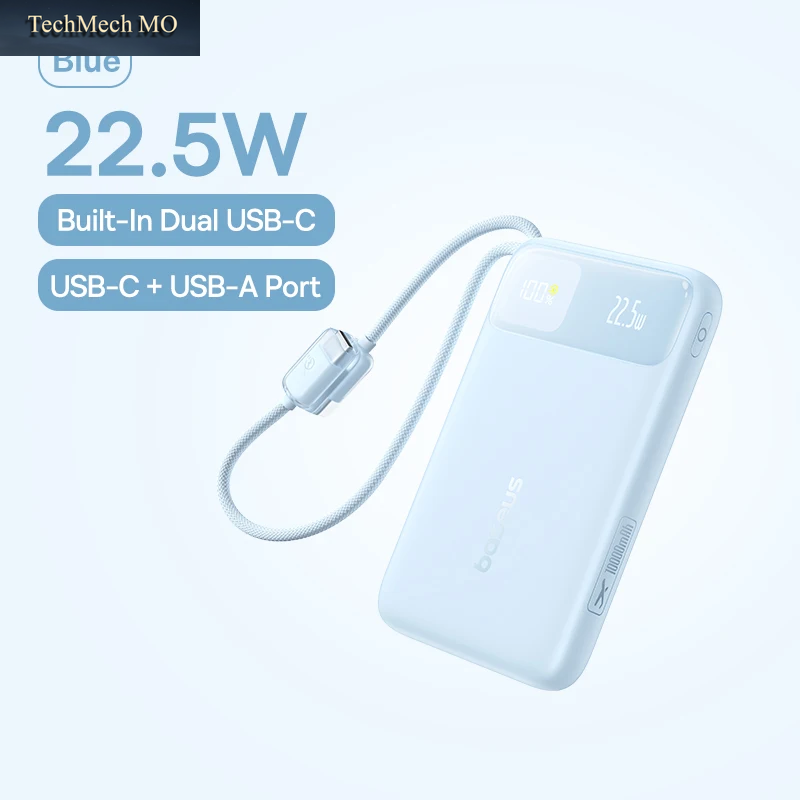 Baseus 10000 Mah Power Bank 22,5 W Integriertes Dual-Usb-C-Kabel Dünner Schnelles Aufladen Für Iphone 17 Pro Max Samsung S25 Xiaomi Poco