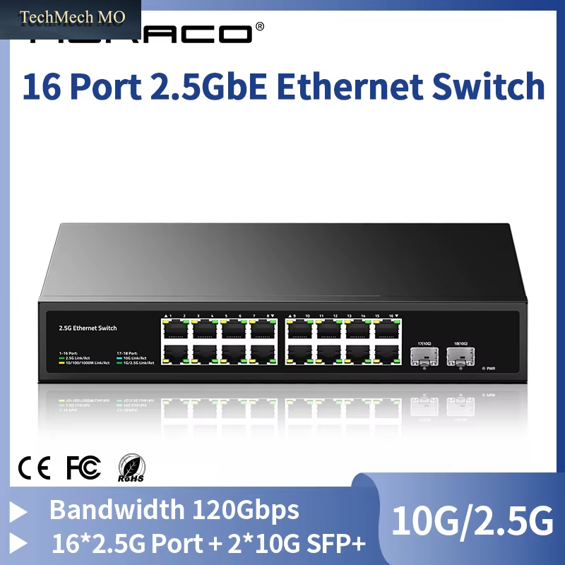 HORACO 16-Port 2,5G Ethernet-Switch Mit 2 Ports 10G SFP+ Netzwerk-Switch 120G Bandbreite Unmanaged Networking Home Lab Switch