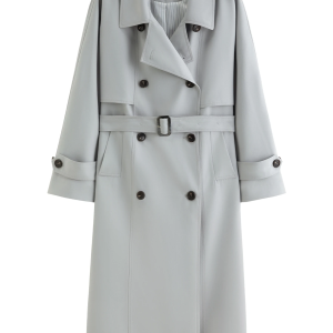 DUSHU Klassischer Khaki Doppelreihiger Langer Trenchcoat - Frühlings-Oversize-Mantel Mit Revers Und Gürtel Für Freizeit Und Büro ​