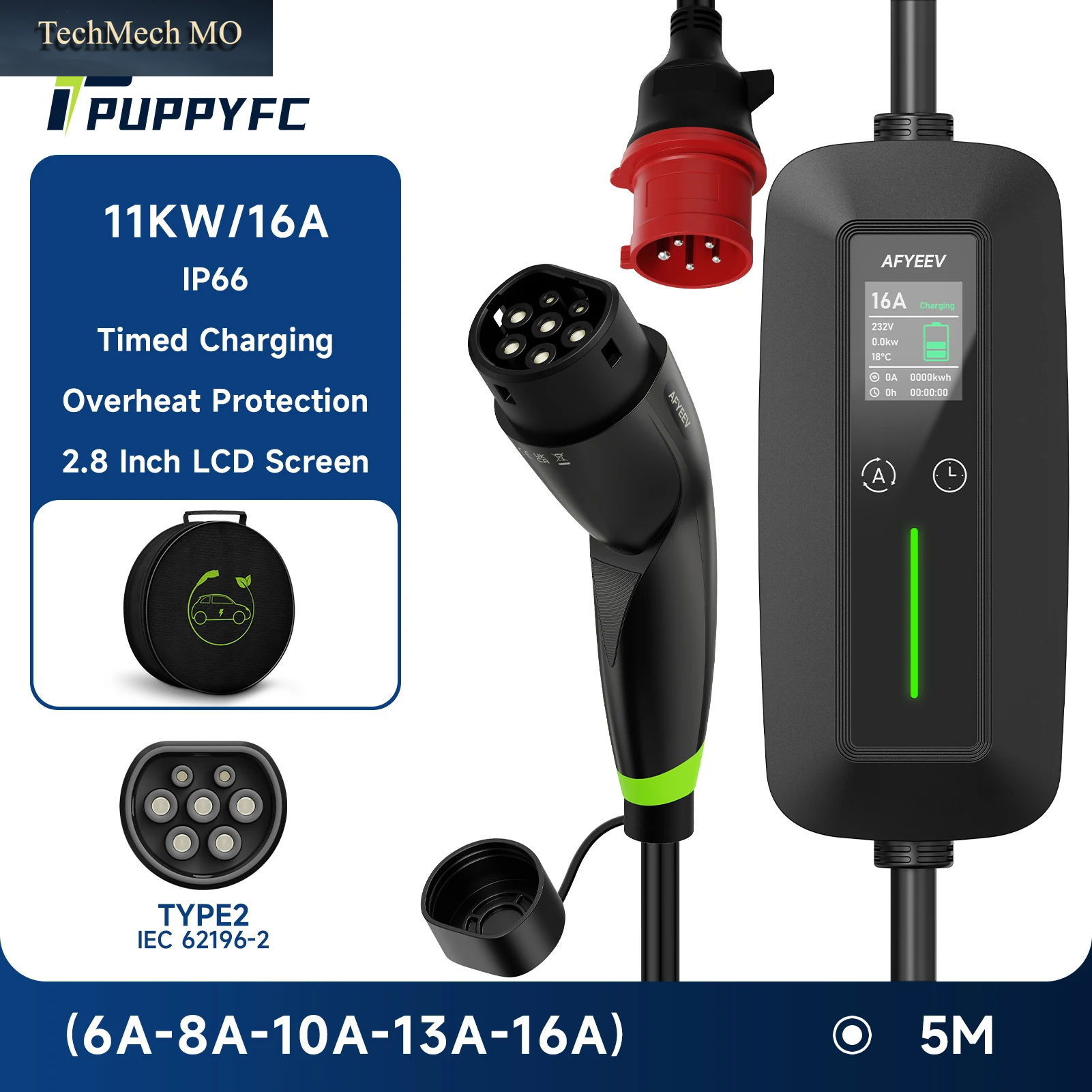 Puppyfc 11KW EV Ladegerät Tragbares Kabel Typ2 IEC62196-2 GBT Elektroauto Wallbox Schnelle 16A Ladestation CEE Stecker