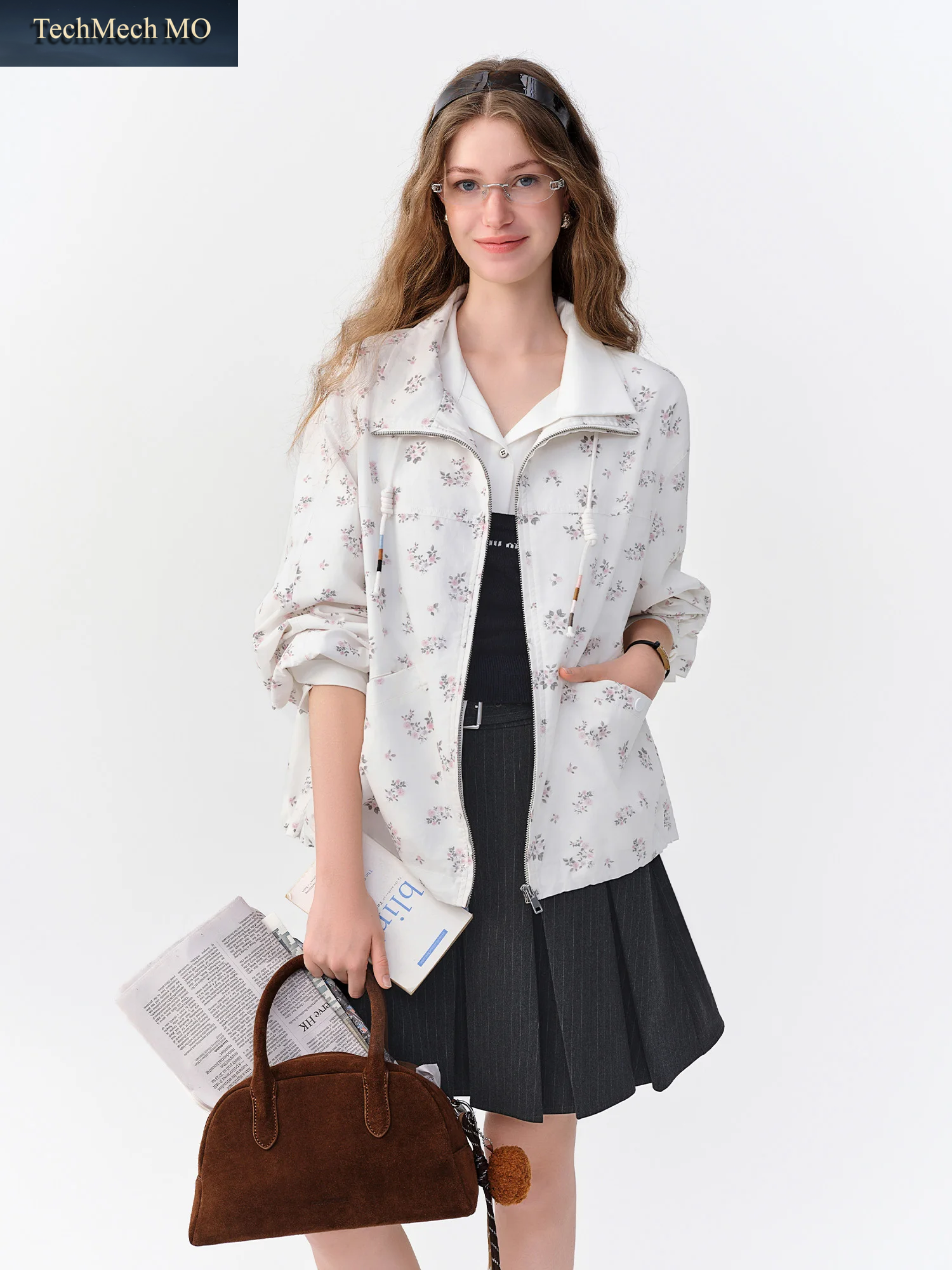DUSHU Kurze Jacke Im Retro-Stil Mit Stehkragen, Herbst-Kurzmantel Mit Kordelzug, Blumenmuster, H-Form, Freizeitjacke Mit Taschen