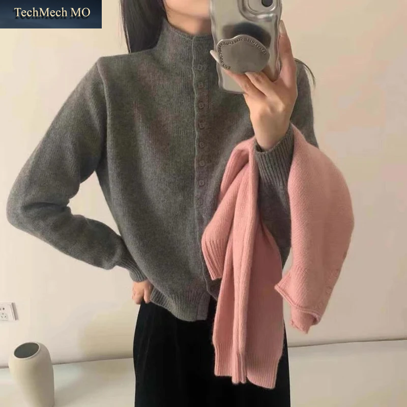 Frauen Stehen Kragen Taste Unten Strickjacke Pullover Koreanischen Stil Casual Strickwaren Einfarbig Weiche Gestrickte Top Für Herbst Winter