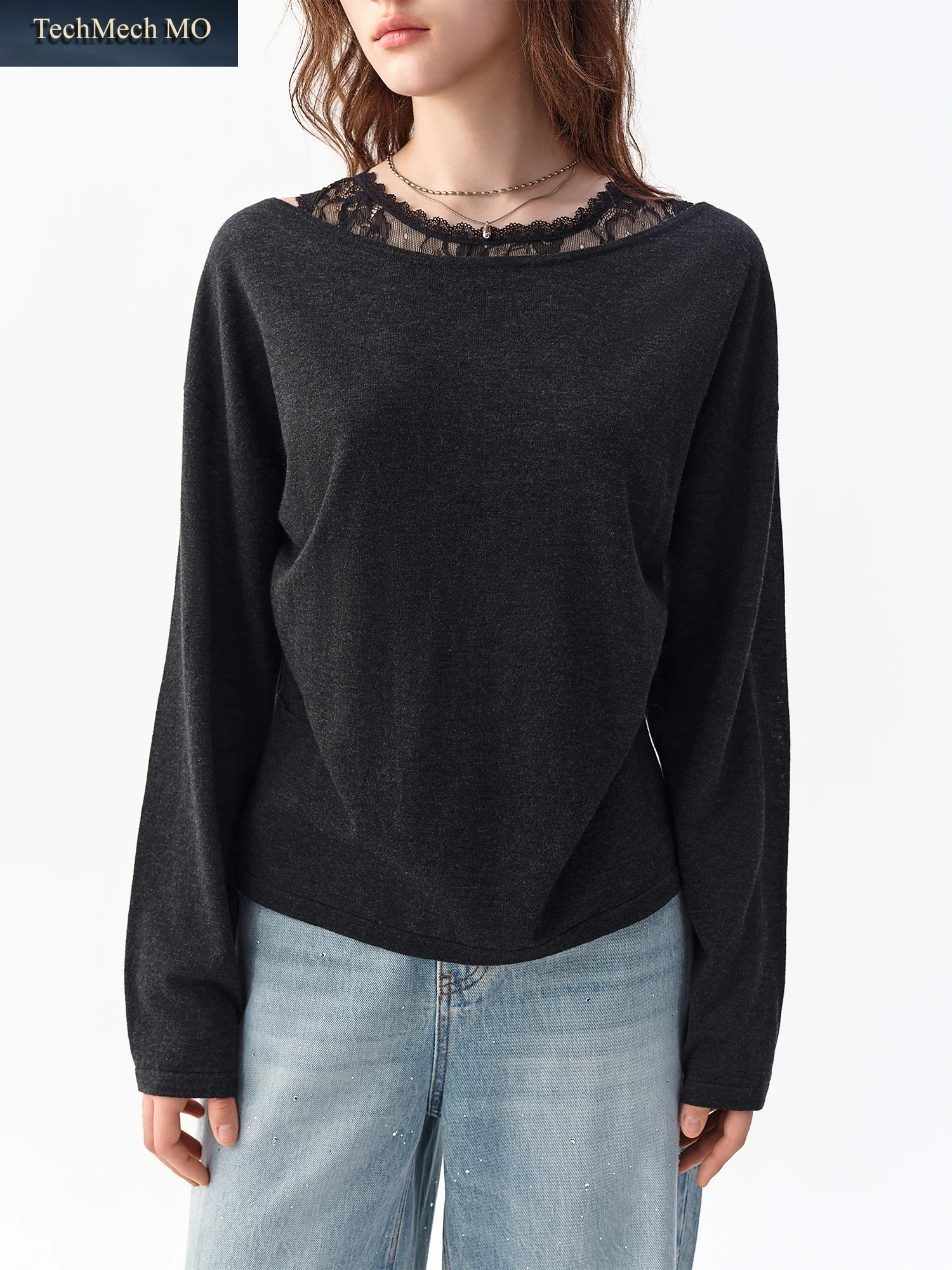 DUSHU 2026 Herbst Neuerscheinung Multi-Größen Damen Spitzen-Splicing Strick-Top Falsches Zweiteiler-Design Leinen-Woll-Mischung Pullover Langarm-Oberteil