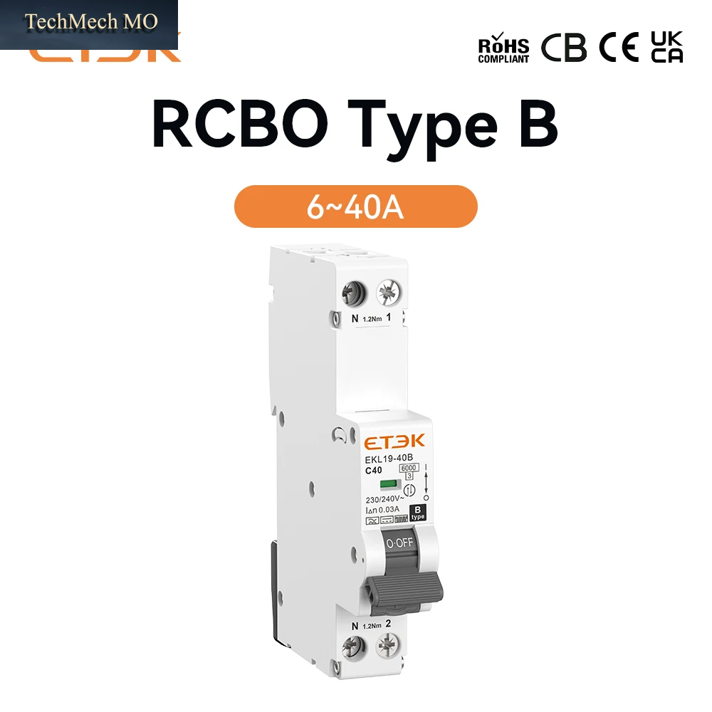 ETEK RCBO Typ B 30Ma 1PN Einzelmodul 6KA 35Mm Din-Schiene IEC61009-1, IEC62423 EKL19-40B