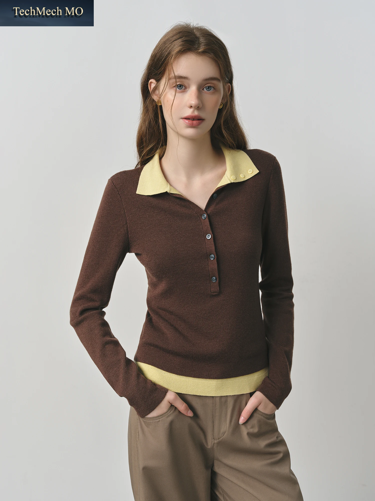 FSLE 2025 Neue Herbst Frauen Gestrickte Pullover Farbe Block Barenia Stil Gefälschte Zwei-Stücke Drehen Kragen Vintage Gemütliche Zopfmuster Top