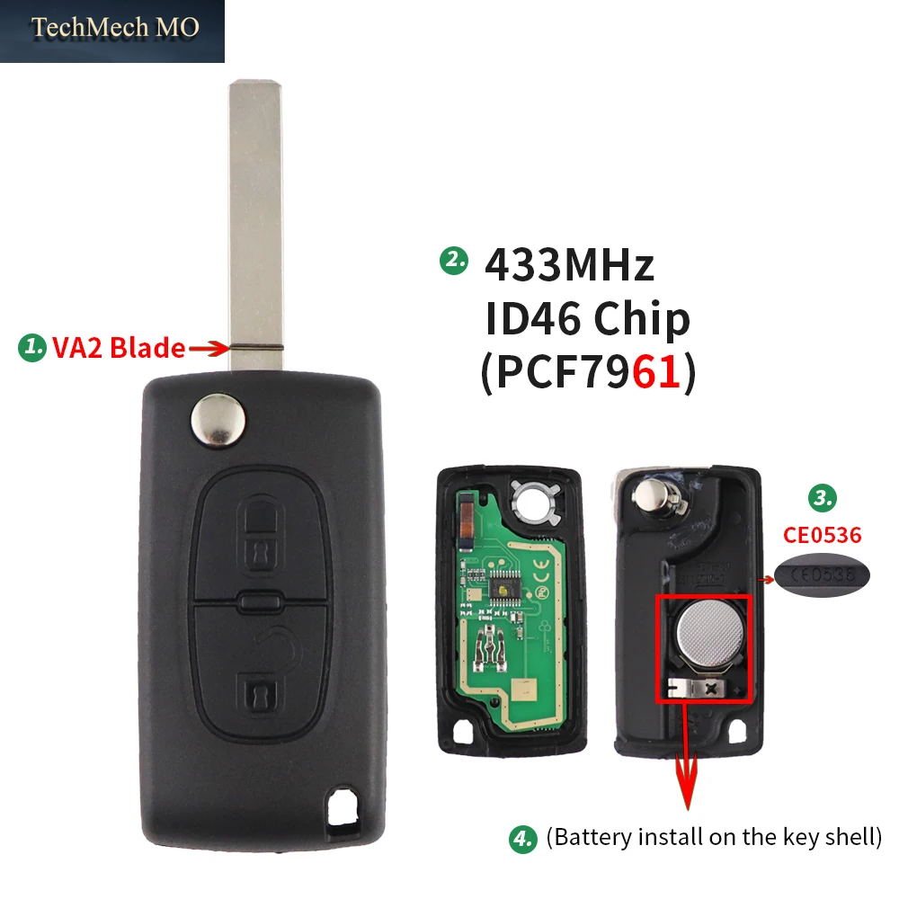 2 Taste 433 Mhz ID46 PCF7961 Chip Für Peugeot 207 307 308 407 607 Für Citroen C2 C3 C4 Berlingo Picasso Fernbedienung Auto Schlüssel ASK/FSK