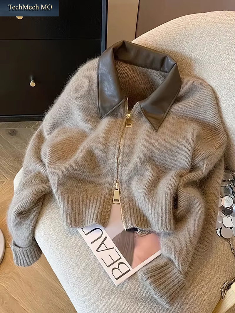 Patchwork-Reißverschluss-Cropped-Cardigan Für Damen, 400G Dick, Herbst-Strickjacke, Vintage 2000Er, Kurzer, Figurbetonter Strickmantel