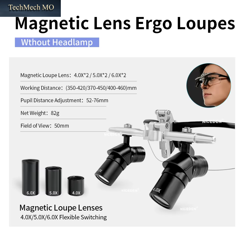 Niceden Dental Ergonomische Lupe 48 ° Angewinkelte Lupe Mit Magnetwechsel 4X/5X/6X Linsen Magnetisches Kopfband Mit Doppelbatterien