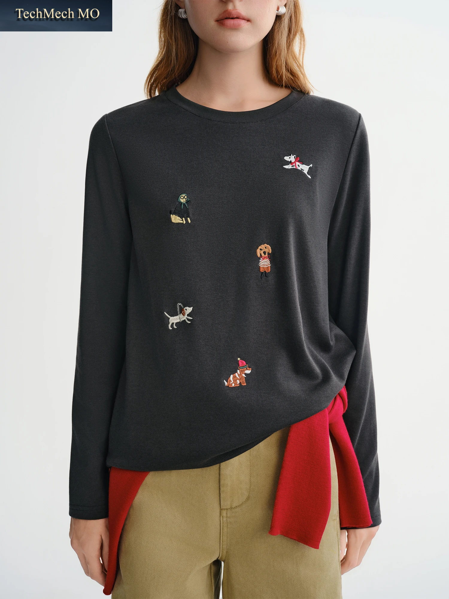 DUSHU Puppy Fun Besticktes Dünnes Fleece-Langarm-T-Shirt Für Damen, Herbst Und Winter, Hemdoberteil, Süß, Lässig
