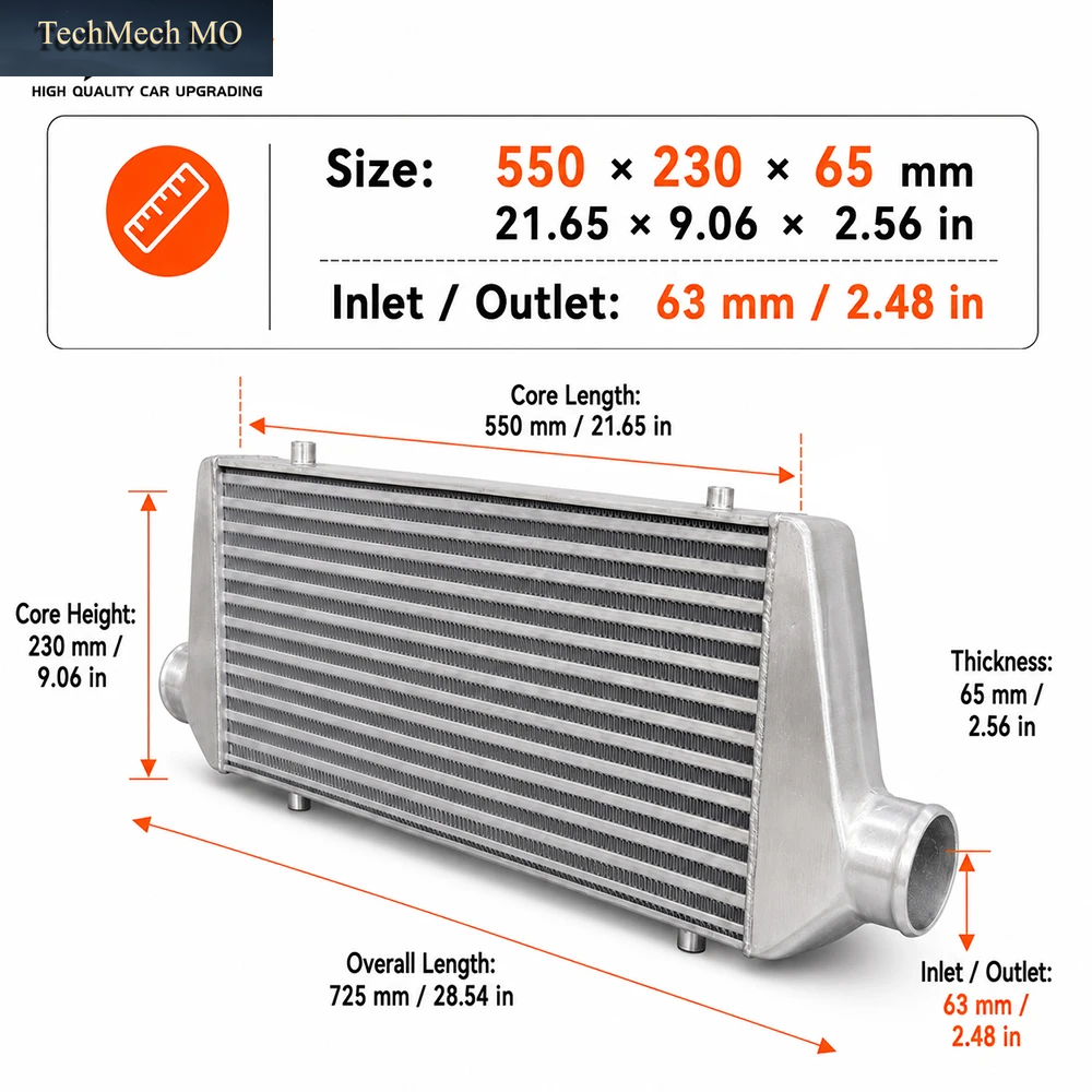 Universelles Auto-Turbo-Kühlsystem 550X230X65Mm Turbo-Ladeluftkühler-Kit Schnittstelle 2,5 Zoll Aluminiumrohr Silikonschlauch