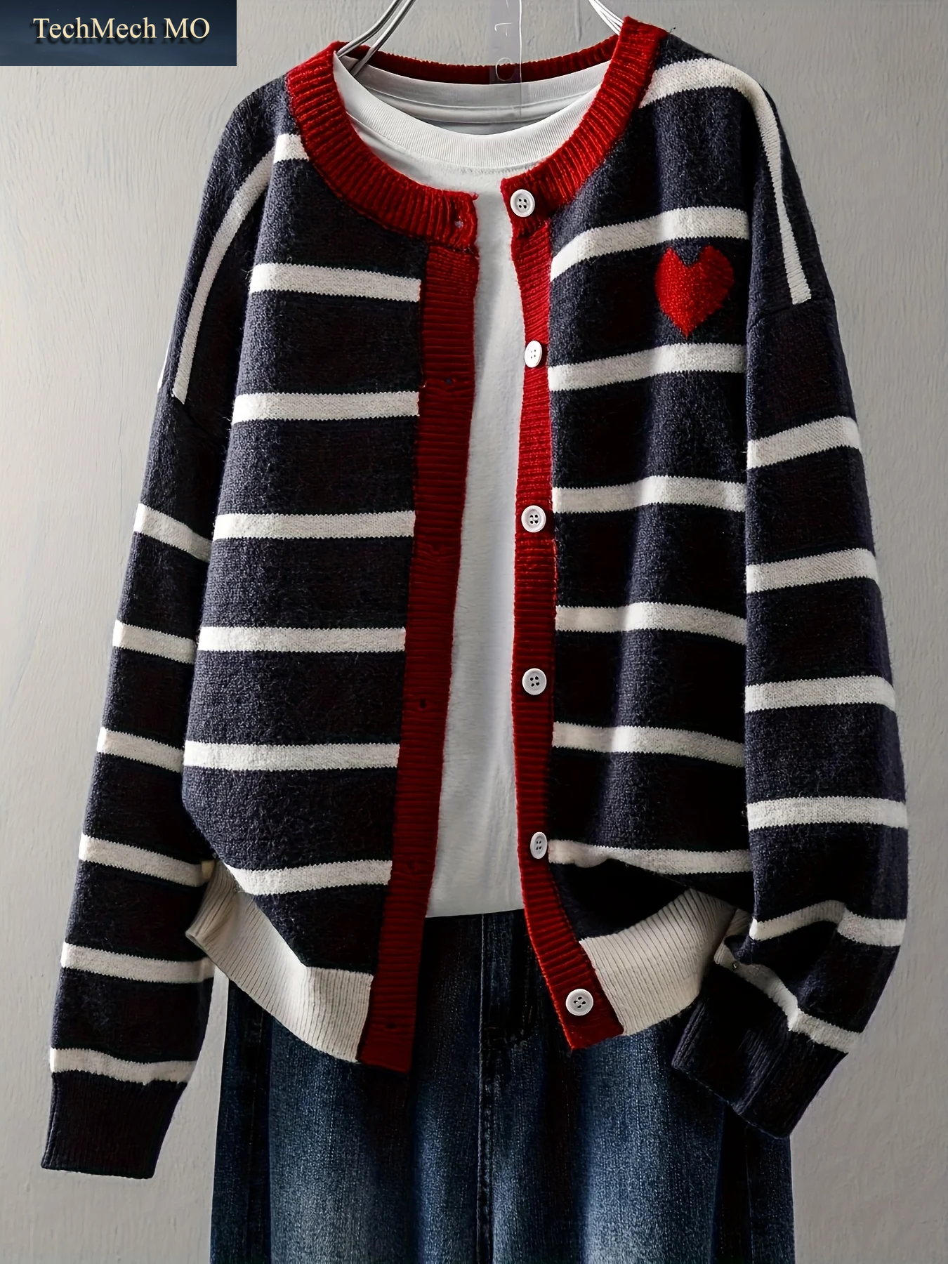 Damen-Strickjacke Mit Streifenmuster Und Knopfleiste, Niedlicher Herzmuster-Strickmantel, Lässige Modische Oberbekleidung