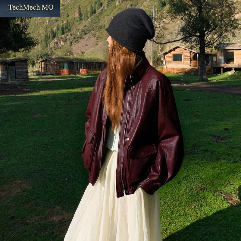 Olrain Pu-Leder Kurze Jacke Retro Stylischer Stehkragen Damen Frühlings-Oberbekleidung 2026 Lose Kunstleder-Jacke GO58CW002853