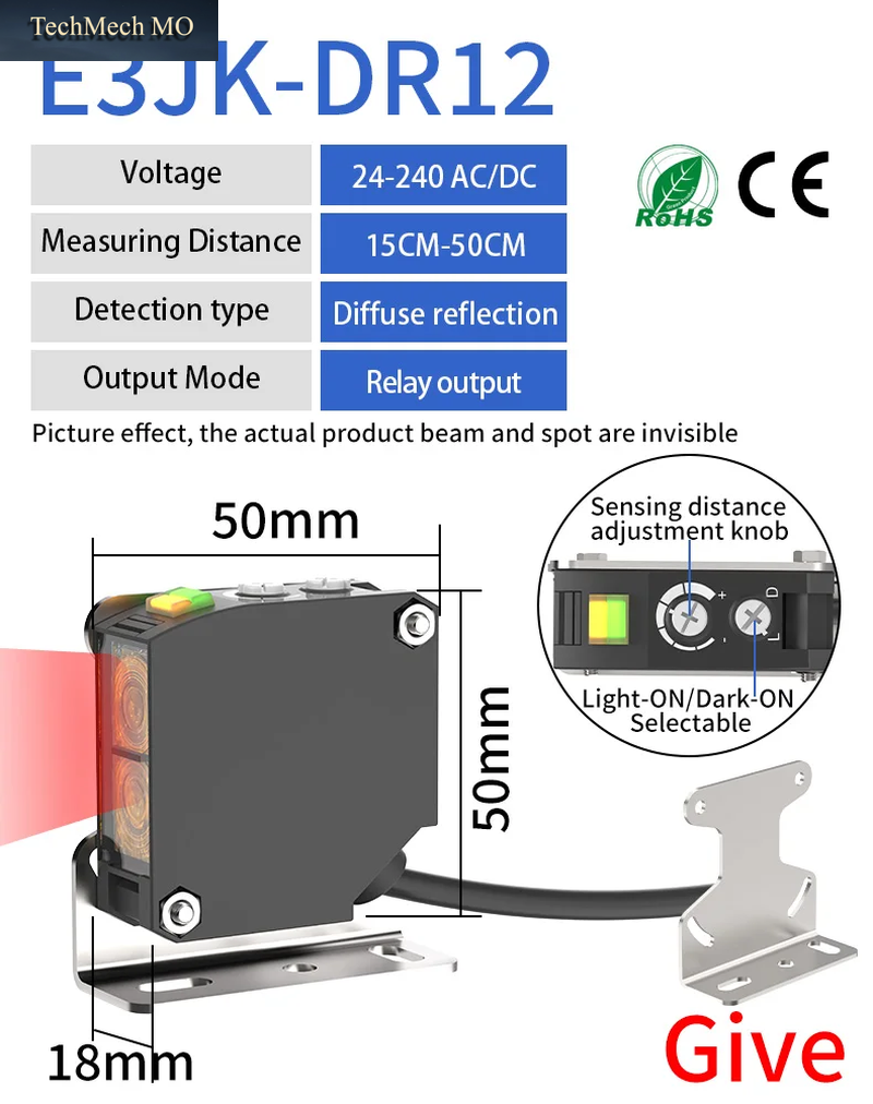 GTRIC E3JK Fotoelektrischer Sensor, Diffuse Reflexion, Relaisausgang 24–240 AC/DC, Universelle Diffusion, Optischer Lichtschranke