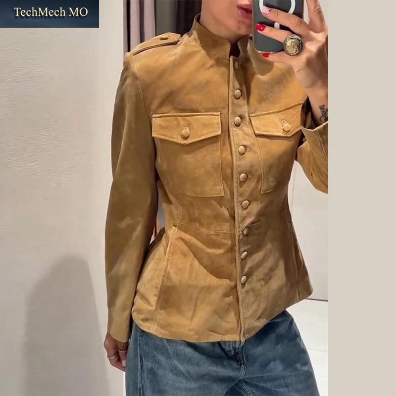 Vintage Tailliertes Damen-Wildlederjacke Mit Stehkragen, Langen Ärmeln, Einreihig, Militärjacken 2026 Herbst Elegante Damenmäntel