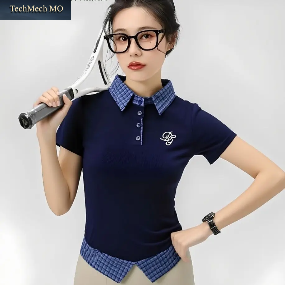 Preppy T-Shirts Mit Kragen Für Damen, Splicing-Design, Kurzärmelige, Karierte T-Shirts, Schmale Passform, Lässige Sommer-Shirts Im Fake-Two-Piece-Look