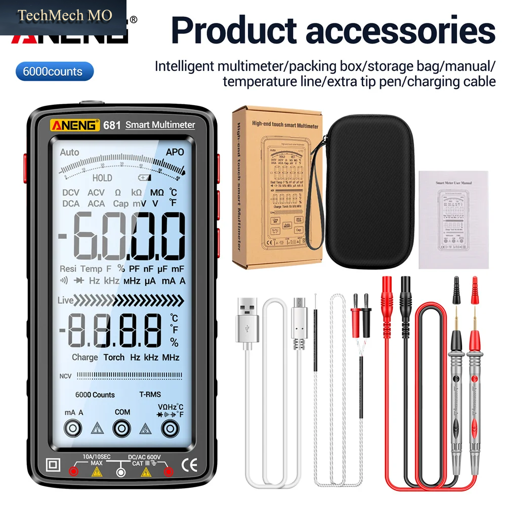 ANENG 681 Wiederaufladbares Digitales Professionelles Multimeter, Berührungsloser Spannungsprüfer, Ac/Dc-Spannungsmesser, Lcd-Bildschirm, Stromtester