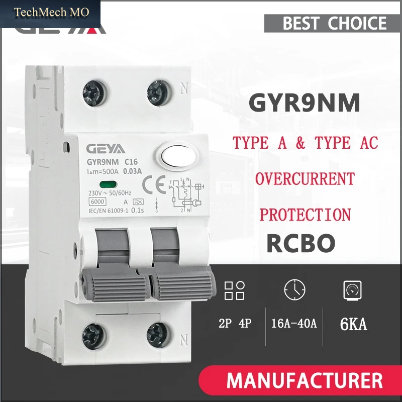 GEYA GYR9NM Typ a RCBO 2P 4P Magnetischer Leistungsschalter Mit Überstrom- Und Auslaufschutz Din-Schiene 16A 40A Typ AC