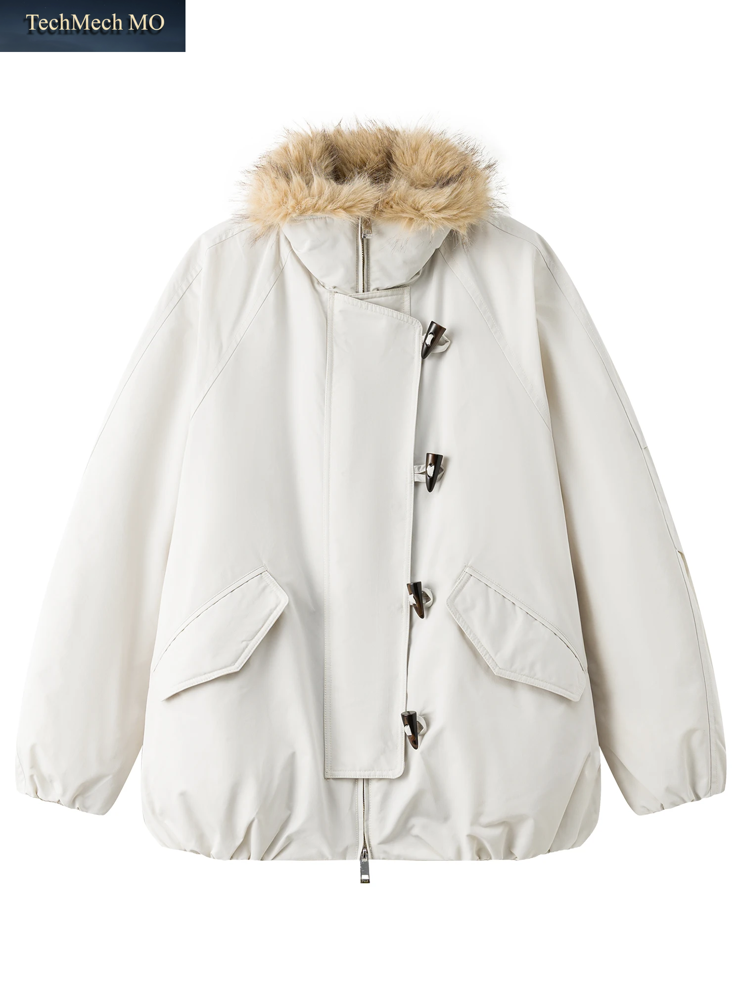 FSLE 2025, Kurze Winterjacke Für Damen Im Scheunenstil – Übergroßer Utility-Parka-Mantel, Plüsch-Pelzkragen, Mehrere Taschen Für Lässigen Komfort