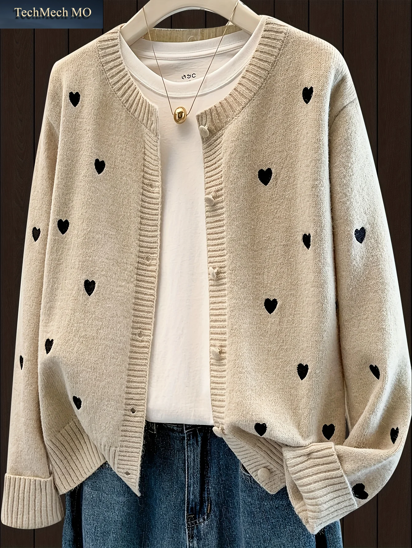 Damen-Cardigan Mit Niedlicher Herz-Stickerei, Strickpullover Mit Knopfleiste, Lässiger, Eleganter Herbst-Winter-Mantel