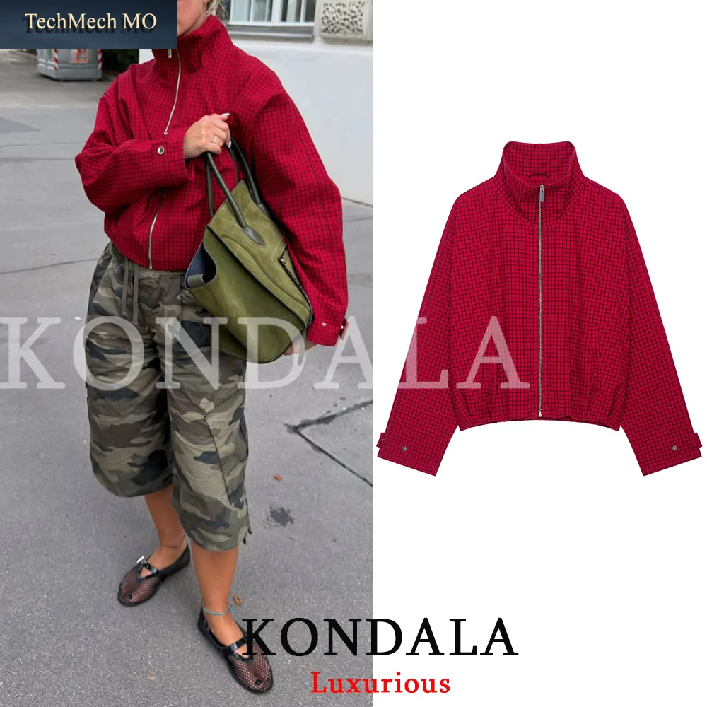 KONDALA High Street Casual Chic Rote Damen Bomberjacke Kariert Stehkragen Reißverschluss Lose Jacke Mode 2026 Herbst Winter Jacke