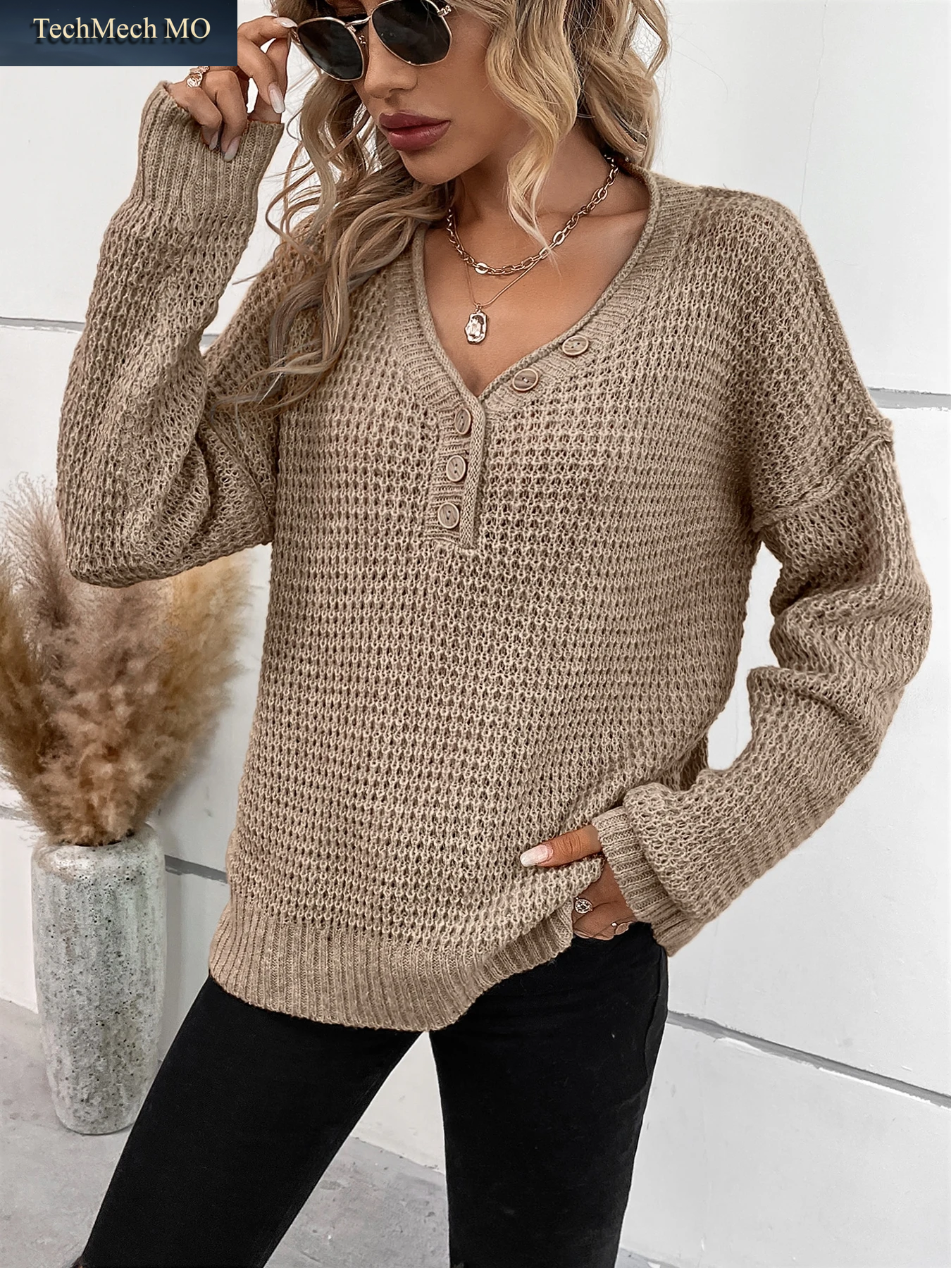 Herbst Und Winter Neuer Knopf-V-Ausschnitt Pullover Langärmeliger Strickpullover