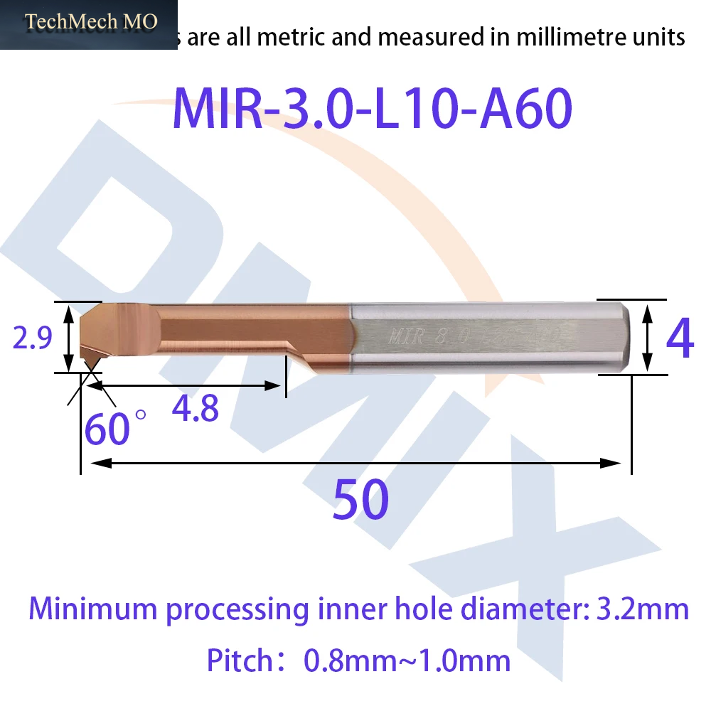 DMIX MIR 60 ° 55 ° Bohrer Für Gewindeschneiden, Beschichtetes Hartmetall, Mini-Innendrehwerkzeug, Kopierwerkzeug Für Kleine Löcher, Wolframstahllegierung