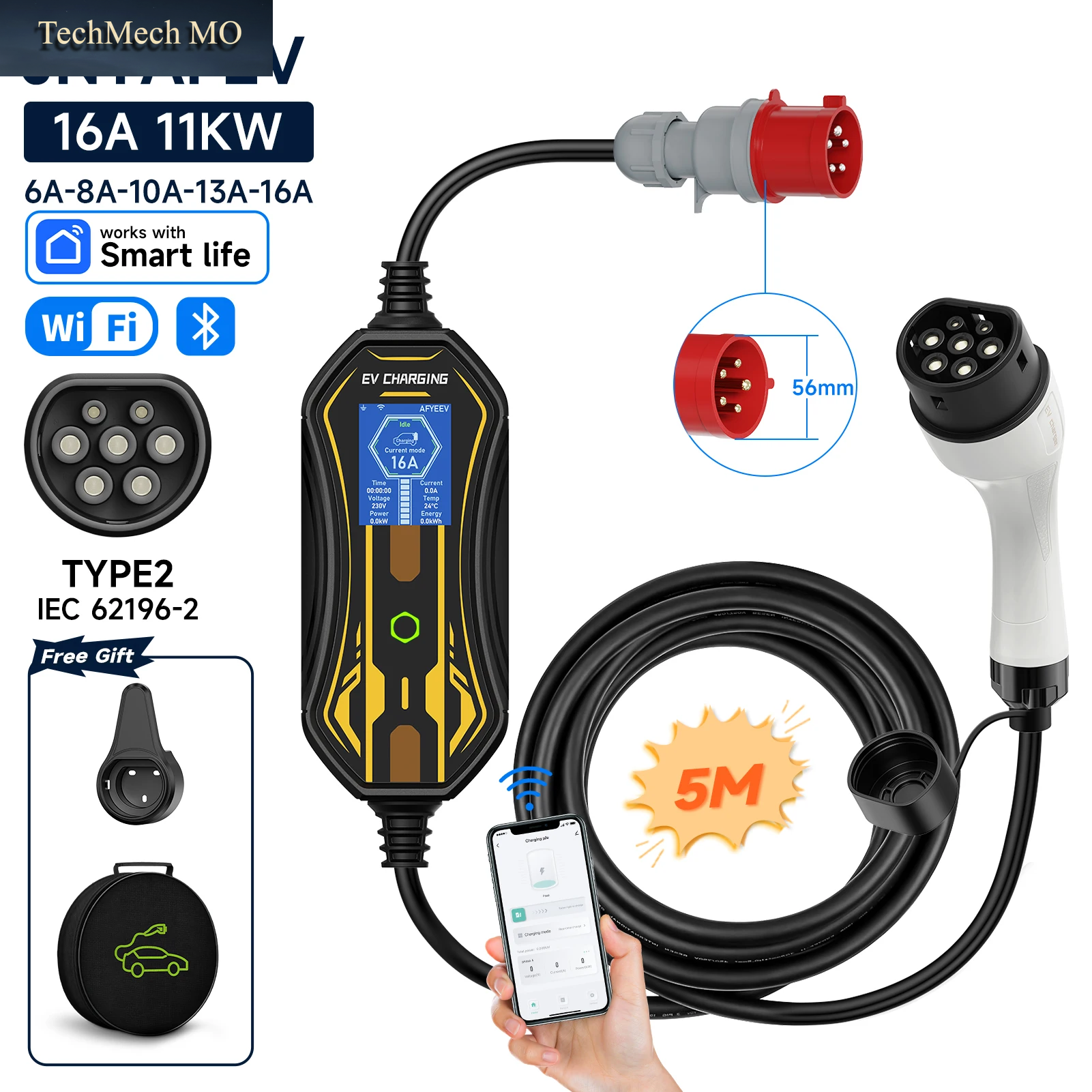 11KW 16A Tragbares Ev-Ladegerät Typ2 5M Ladekabel Wlan-App-Steuerung Wallbox Heim-Elektroauto-Ladestation