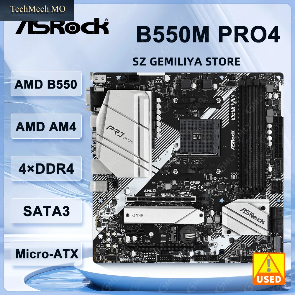 Asrock B550M Pro4 Motherboard, Sockel AM4, AMD B550, Unterstützt Ryzen 5 5600, 4500, 3200G, 3600, 5700X Cpus, DDR4, 128GB, Nvme SSD, Micro ATX