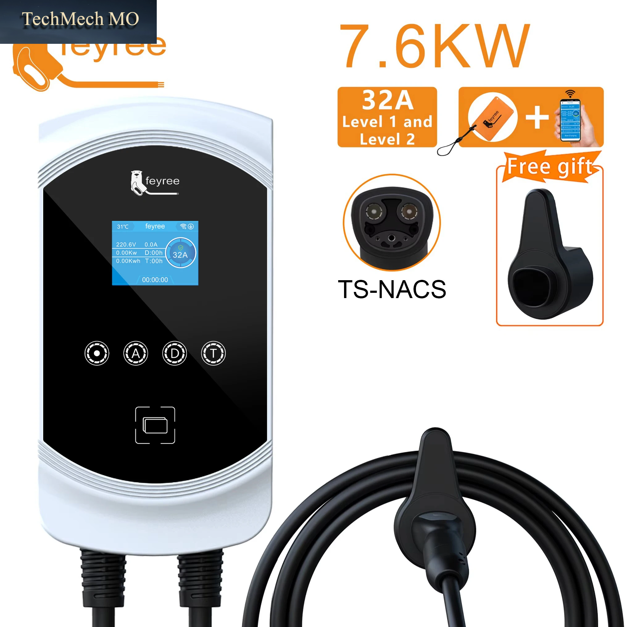 Feyree Ev-Ladestation 32A 7,6KW Elektrofahrzeug-Ladegerät EVSE Wallbox 9,6KW 12KW 5M Kabel TS-NACS Steckdose App-Steuerung
