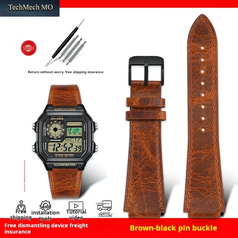 Retro-Echtlederarmband Für Casio Ae-1200 /1300 A158W A168 W-216H Ae1200 Vintage-Uhrenarmband Mit Konvexem Mundstück, Herrenarmband, 18 Mm