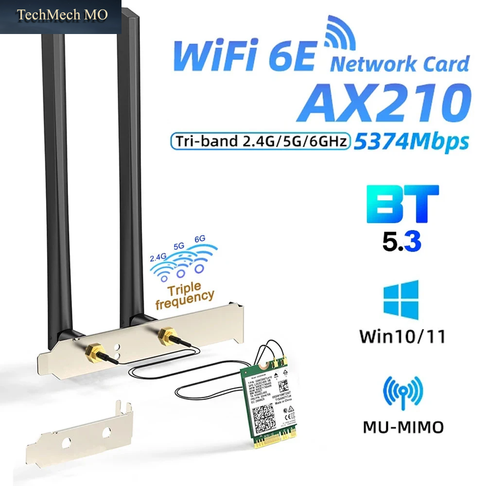 Wi-Fi 6E AX210 Wlan-Karte 5374Mbps Bluetooth 5.3 Adapter AX210NGW 802.11Ax 2,4G/5Ghz/6Ghz 10Dbi Antennen Für PC