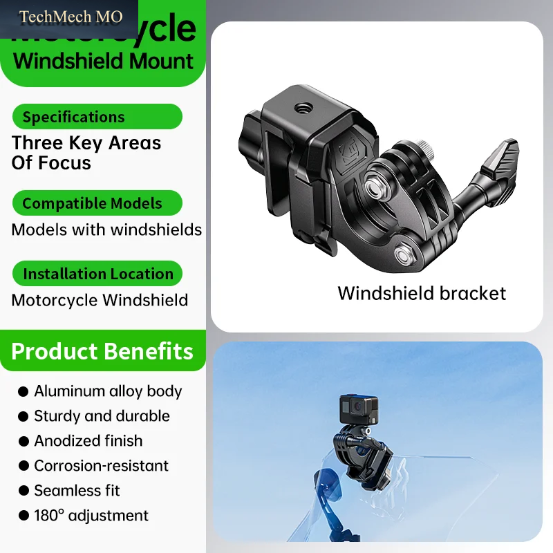 X2 Motorcycle Windshield Camera Mount Anti-Slip 180° Rotatable Aluminum Alloy Holder for Gopro DJI Insta360 Action Camera