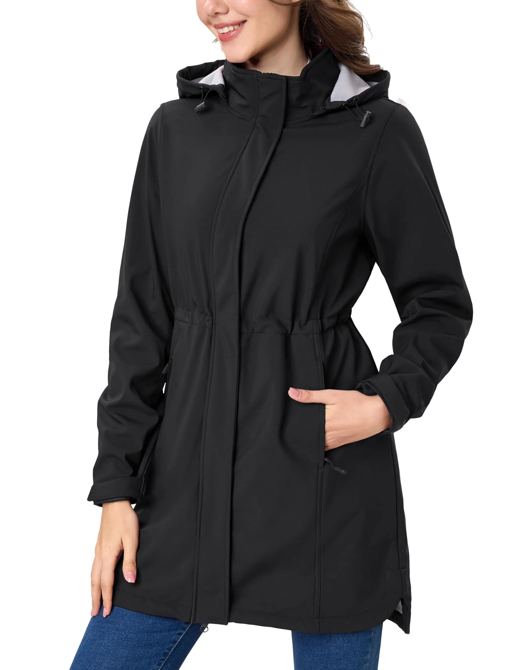 MAGCOMSEN Damen-Softshelljacke Mit Fleecefutter, Lang, Mit Kapuze, Wasserdicht, Winddicht, Wander-Regenmantel, Winterparka