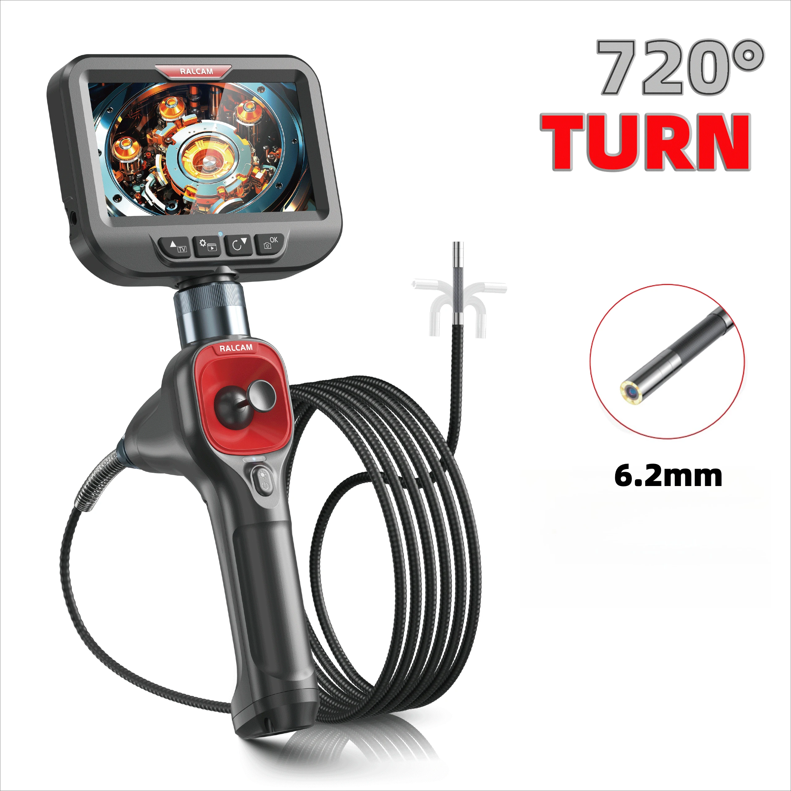 RALCAM F606Barticulating Borescope, 6.2Mm Ultra-Slim Waterproof Inspection Camera with Light, 4X Zoom,For Engine Pipe Automotive