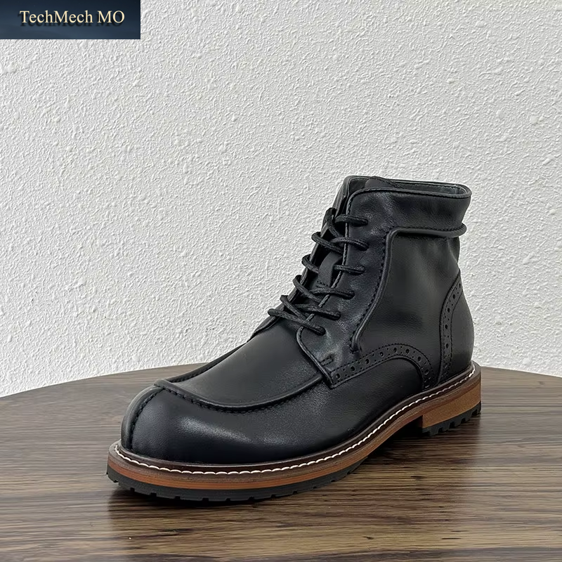Autumn Winter Men Work Comfortable Cowhide Genuine Leather High Top Lace up round Toe Ankle Boots Motorcycle Riding Safety Boots