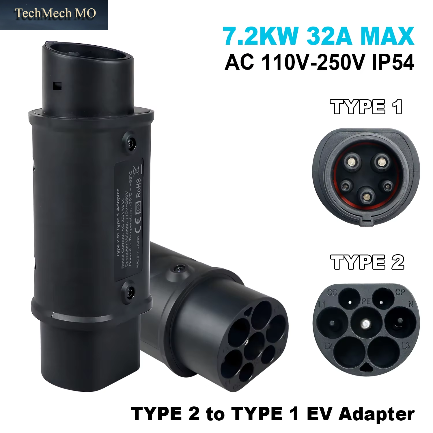 Type2 to Type1 EV Charger Adapter Converter IEC 62196 16A 32A J1772 for Electric Vehicle Charging Connector