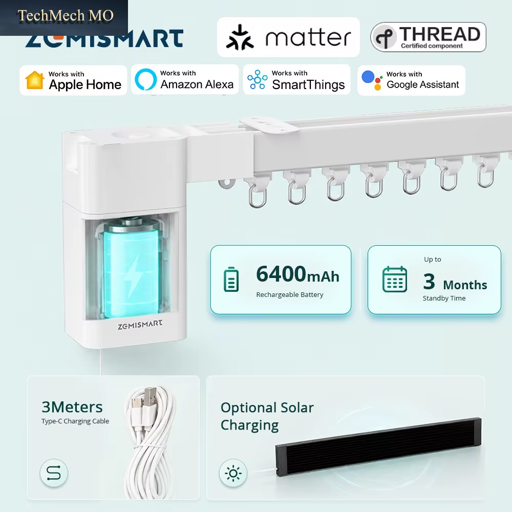 Zemismart Matter Thread 6400Mah Battery Powered Motorized Splicing Curtain Kit Solar Panel Optional Work with Homekit Smartthing
