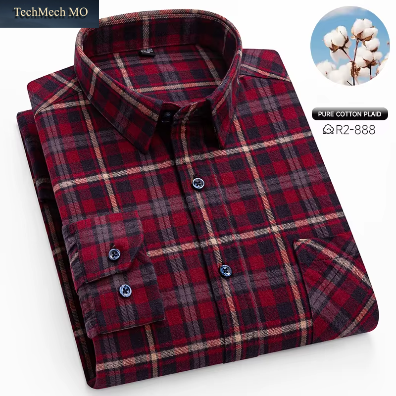 Plus Size 6Xl 100%Cotton Brushed Long Sleeve Shirts for Man Slim Fit Casual Plain Shirt Soft Plaid Designer Vintage Clothes