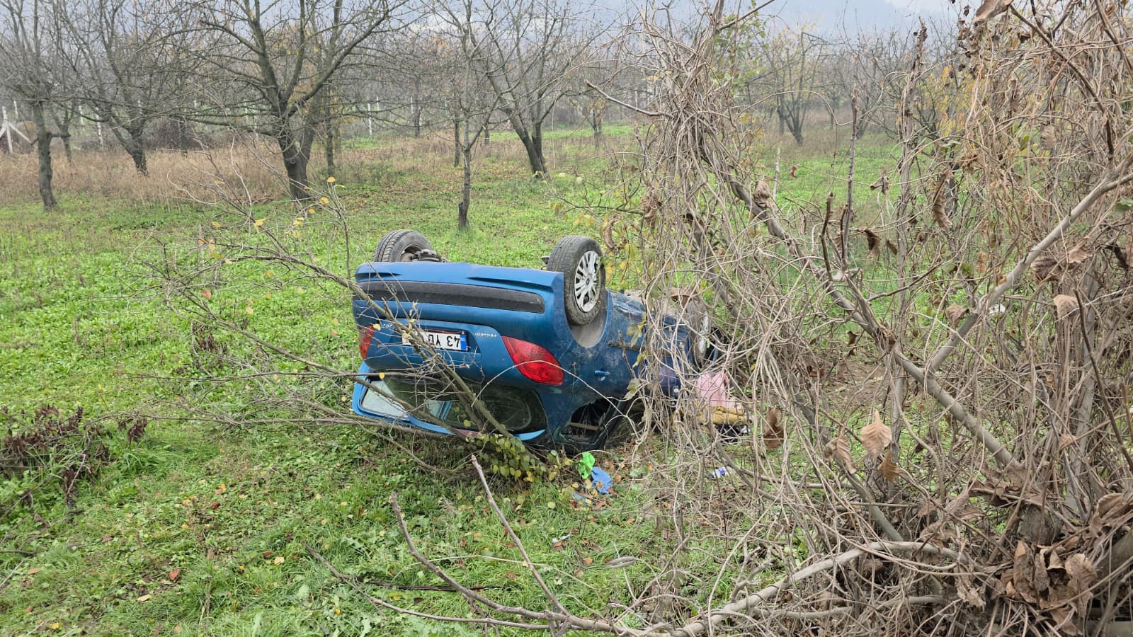 Kaygan yolda kontrolden çıkan otomobil tarlaya devrildi