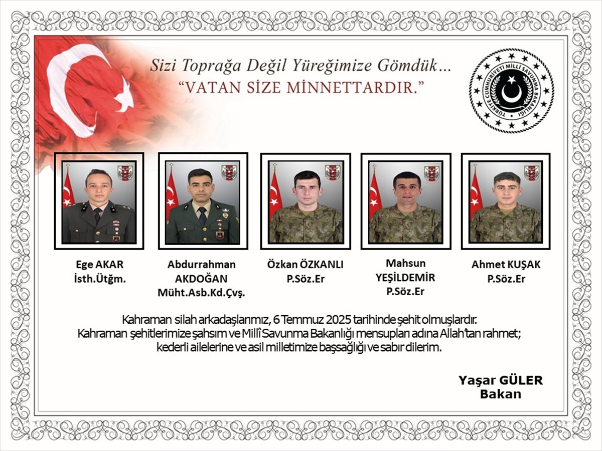 Pençe-Kilit Harekatında Şehit Olan Askerler İçin Milli Savunma Bakanından Başsağlığı Mesajı