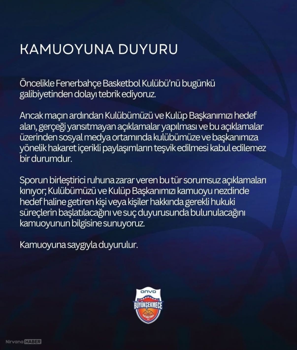 Büyükçekmece’den Fenerbahçe Beko maçı sonrası açıklama